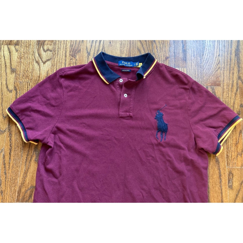 Polo Ralph Lauren Polo Shirt Men Large Slim Fit Burgundy Plum Big Pony Preppy - Picture 2 of 9